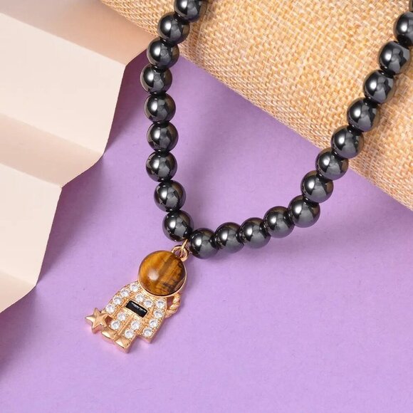 New, Yellow Tigers-Eye and Simulated Diamond, Spaceman Pendent, 20 Inches - Picture 1 of 8